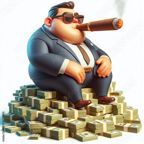 businessman smoking cigar sitting on bank notes