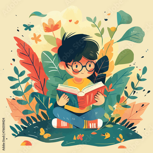 Children's Book Day, smart boy reading book illustration vector artwork