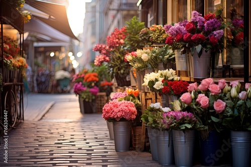 Row of potted flowers outside flower shop on cobblestone street