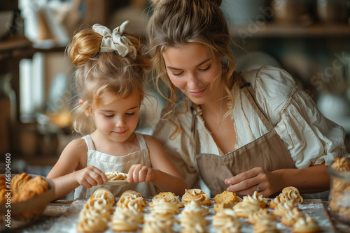A mother and daughter are gazing at various pastries in a bakery