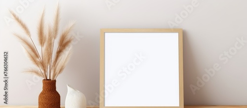 A simple wooden picture frame rests on a table next to a glass vase filled with dried grass stems