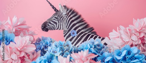 This is an alternative zebra that is like a unicorn in blue flowers on a pink background. It represents negative space. It is a modern design. It is contemporary art. It is a creative conceptual and