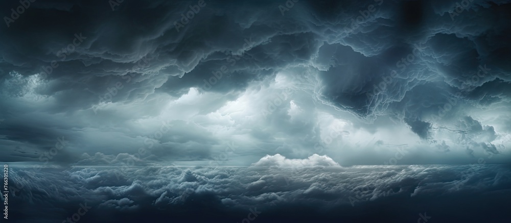 A menacing tornado swirls in the dark cumulus clouds, looming in the distance against the turbulent sky, a powerful geological phenomenon in the atmospheric space - obrazy, fototapety, plakaty 
