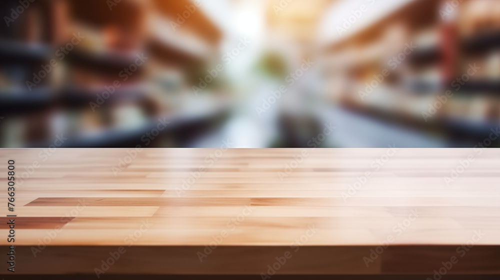 Elegant Wooden Table Top with Blurry Library Background