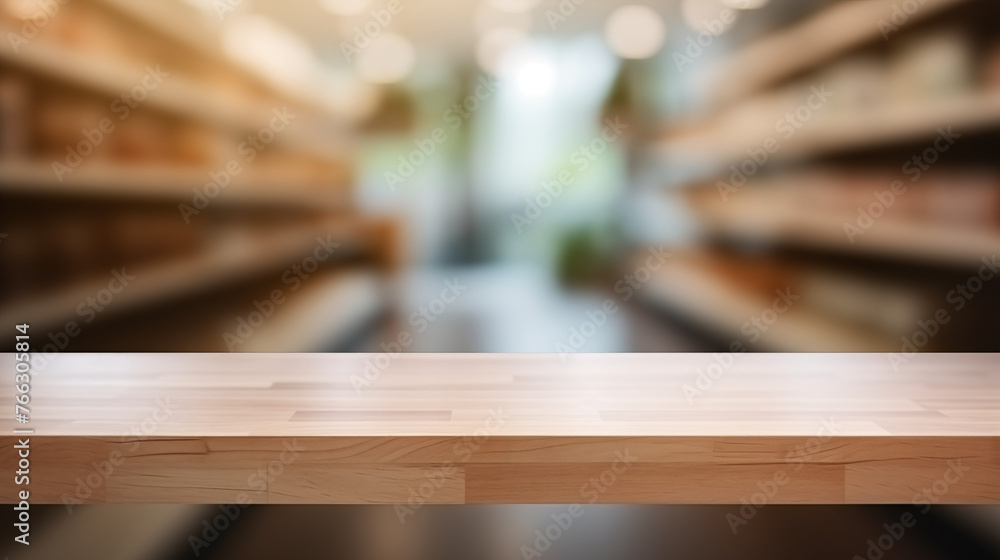 Smooth Wooden Counter with Blurry Aisle of Supermarket in Background