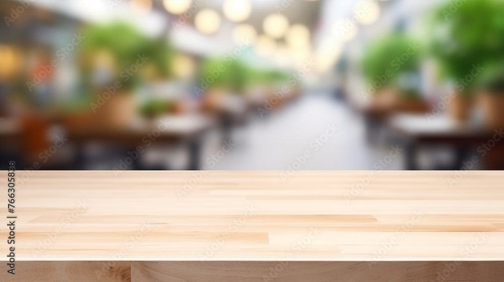 Wooden Dining Surface with Blurred View of a Lively Restaurant Interior