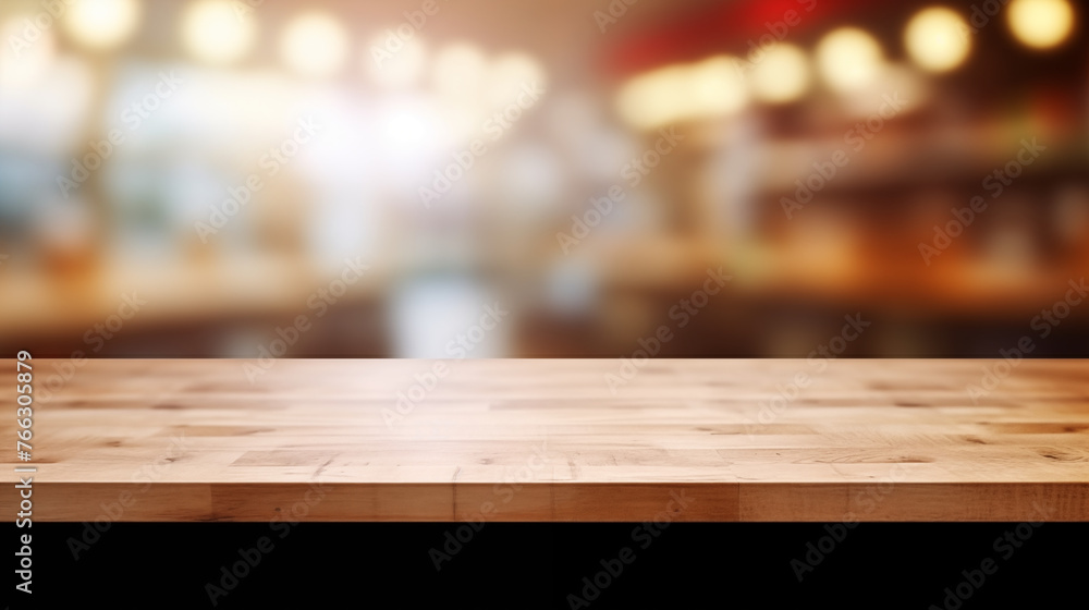 Polished Wooden Table with Warm Bokeh of a Cafe's Evening Lights Polished Wooden Table with Warm Bokeh of a Cafe's Evening Lights