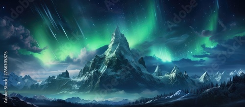 Aurora Borealis over mountains with nighttime stars photo