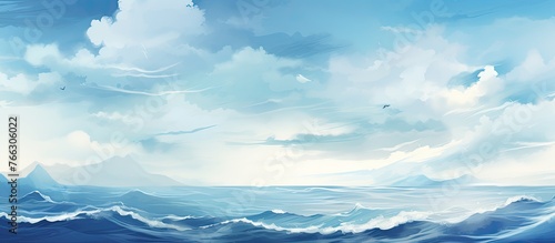 Serene painting depicting a vast blue ocean with a majestic mountain in the background