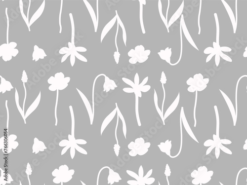 Seamless flower pattern (among them: Muscari and Galanthus (Snowdrop flower)). Straight linear structure. Shade of gray and white colors. Flat vector illustration. © Grigoriy