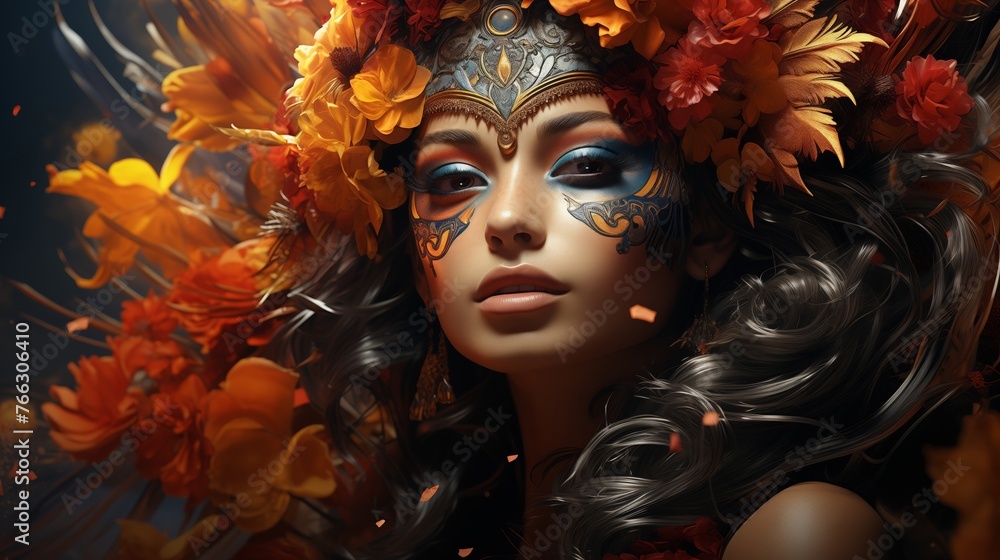 Portrait of ethereal woman adorned with autumn-themed makeup and a floral headdress, exuding mystical warrior goddess vibe
