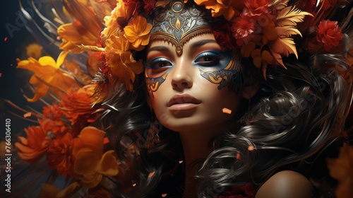 Portrait of ethereal woman adorned with autumn-themed makeup and a floral headdress, exuding mystical warrior goddess vibe © EVGENIA