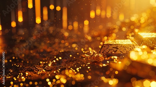 3D illustration of gold ingots over black background with a chart. Financial concept, horizontal image. gold market investment. Risk Management.