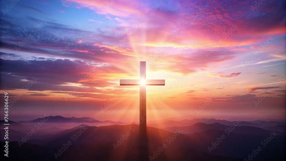 Illuminated cross against a vibrant sunset sky - The image features a radiant Christian cross set against a stunning sunset with hues of pink and purple, symbolizing hope and faith