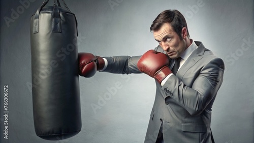 Businessman punching a heavy bag in office - A suited man with boxing gloves strikes a punching bag, symbolizing business struggle and determination © Mickey