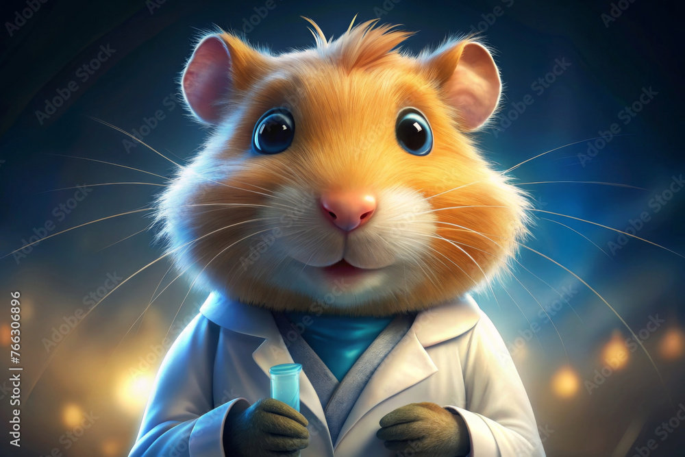 Illustration of a guinea pig scientist holding a flask - A cute guinea pig in a lab coat holding a vial, with a twinkling light background, depicting a small animal as a scientist - obrazy, fototapety, plakaty 