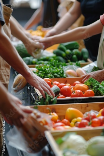 Group of people volunteering at a local food bank. They sort and distribute food items to refugees, homeless individuals, and underprivileged, demonstrating solidarity and care for those in need.  photo