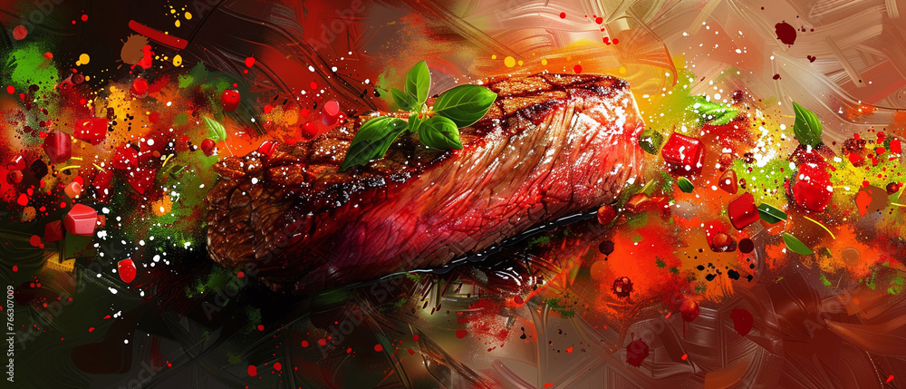 Gourmet steak closeup culinary perfection savory delight Stylish in the style of vibrant dot Digital art - obrazy, fototapety, plakaty 