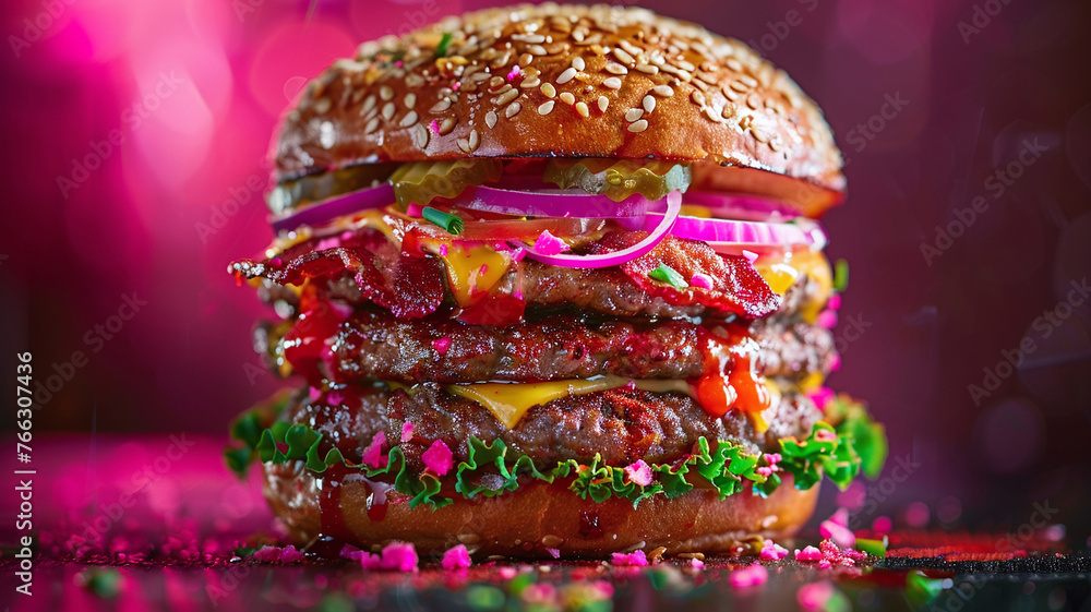Naklejka premium Juicy Double Cheeseburger with Glowing Background