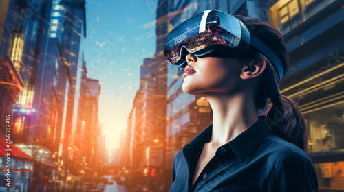 Businesswoman using VR goggles while working in office, explores the digital metaverse, blending technology with business. Smart technology metaverse future goggle device 