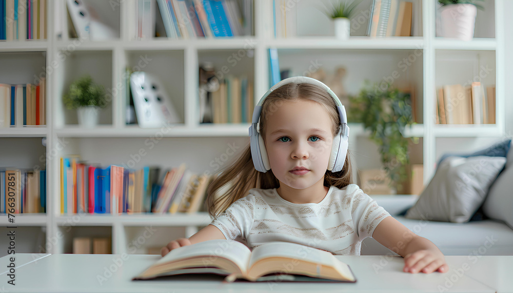 young girl in white headphones sits at a table on which an open book lies in a white library room young girl in white headphones sits at a table on which an open book lies in a white library room