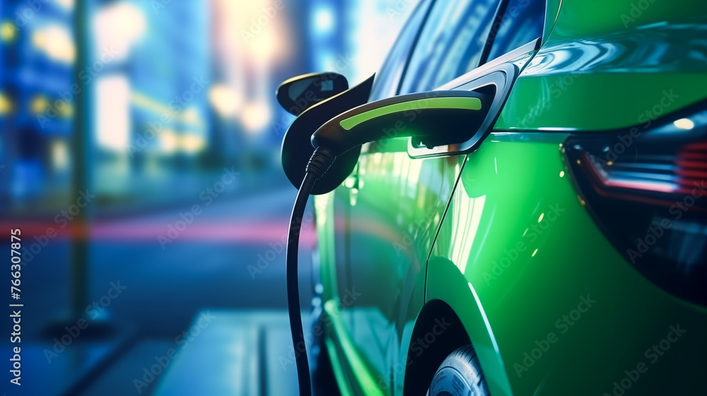 Power supply connected to electric vehicle charge battery. EV charging station for electric car or Plug-in hybrid car. Automotive innovation and technology concepts Power supply connected to electric vehicle charge battery. EV charging station for electric car or Plug-in hybrid car. Automotive innovation and technology concepts