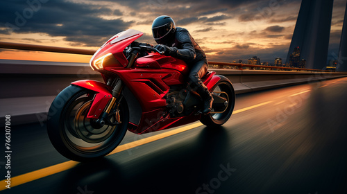 Biker with helmet riding a sci-fi motobike. Man on futuristic motorcycle on the city street. A man driving motorcycle futuristic along the highway