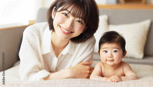 笑顔の母親と赤ちゃん。子育てのイメージ。画像生成AI。