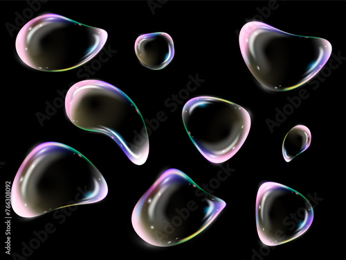 Set of realistic 3d vector glass shape liquid abstract, fluid with holographic effect. Render of transparent glass object, soap water bubble with reflection isolated on black background