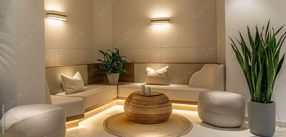 A cozy corner in a modern office transformed into a relaxation zone, with comfortable seating and soothing decor to encourage stress relief and mental rejuvenation