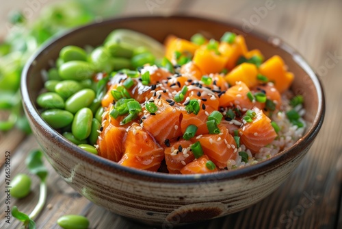 A colorful poke bowl featuring fresh salmon, mango, green onions, and sesame