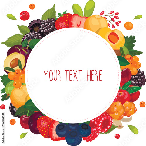 Round frame of fruits and berries on white background. Vector image