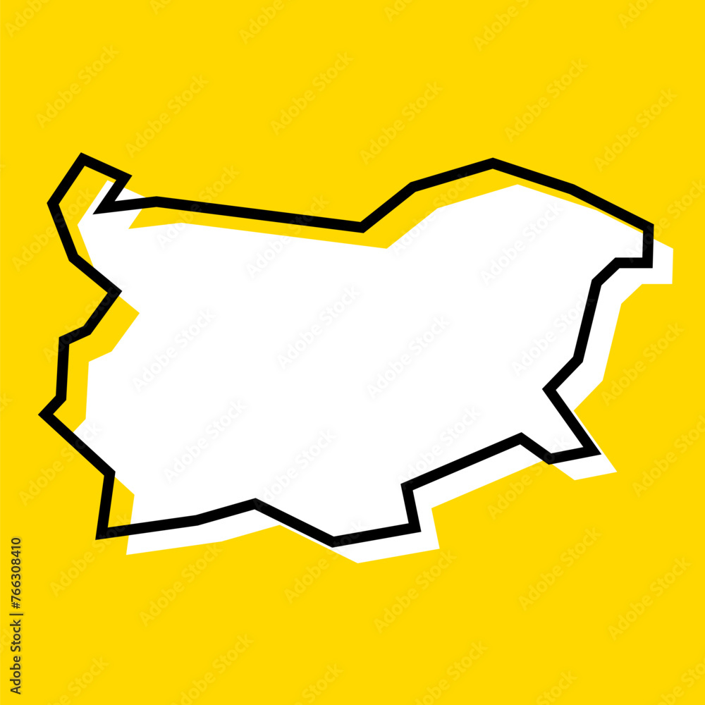 Bulgaria country simplified map. White silhouette with thick black contour on yellow background. Simple vector icon Bulgaria country simplified map. White silhouette with thick black contour on yellow background. Simple vector icon