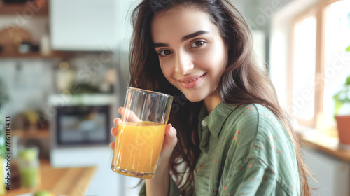 A beautiful young American woman in green shirt is drinking a orange or mango juice on glass cup in the morning, on blurred white modern home background, healthy life vegetarian style concept.