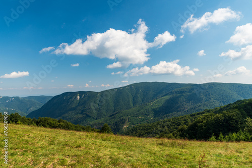 Wild Carpathian mountains in Romania covered by meadows, forest and few rock formations from Valcan mountains