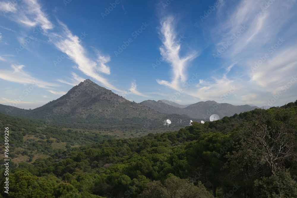 Fototapeta premium landscape, view, radio telescope, mountains, plants, trees, devi