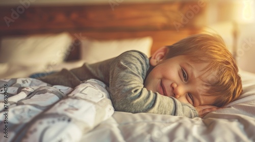 Child Smiling While Lying in Bed photo