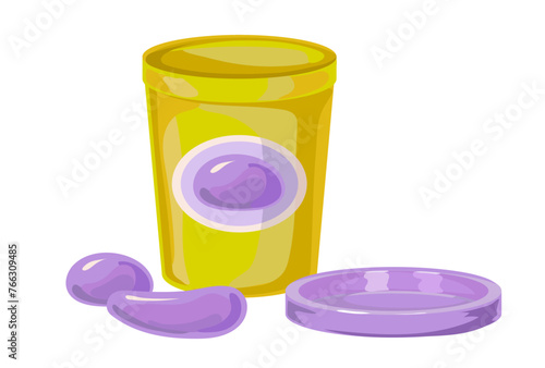 Yellow box with plasticine, plastic cup with lid. Remove the lid