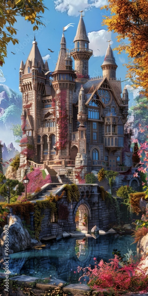 Fairy palace with flowers, 3d, background image for mobile phone, ios, Android, banner for instagram stories, vertical wallpaper