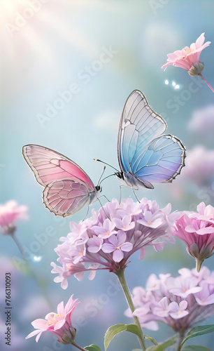 Banner with butterflies and flowers with empty copy space, spring nature background, greeting card, © Perecciv