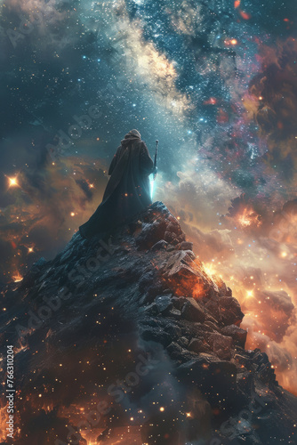 A cloaked figure stands atop a mountain peak, holding a glowing sword, with a vivid backdrop of a cosmic sky filled with stars and nebulae.