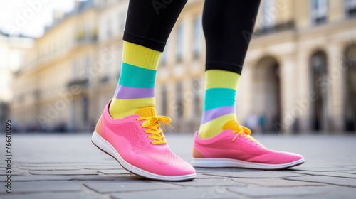 Vibrant Colorful Sneakers and Socks on Urban Street