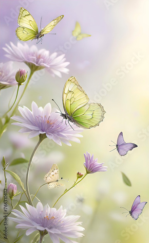 Banner with butterflies and flowers with empty copy space, spring nature background, greeting card, © Perecciv