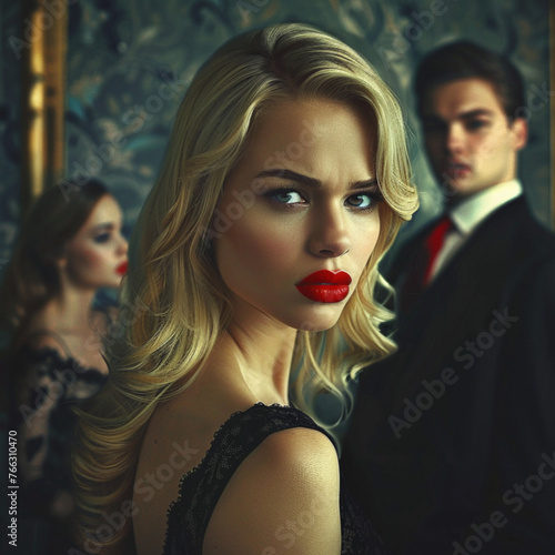 a blonde woman with red lips looking victorious , with a dark haired man and a dark haired woman arguing behind her