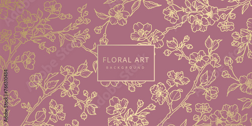 Luxury floral purple abstract background with gold hand drawn flowers. Vector design template for postcard, wall poster, business card, flyer, banner, wedding invitation, print, cover, wallpaper
