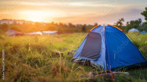 Camping Tent in Sunset Meadow Landscape
