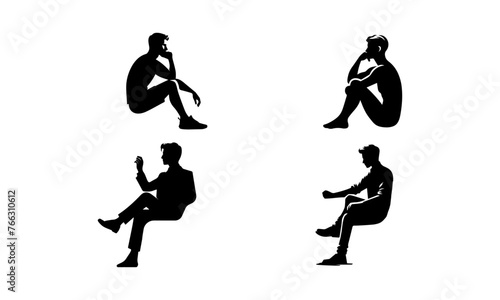 seated man detailed sihouettes or vector set, black and white photo