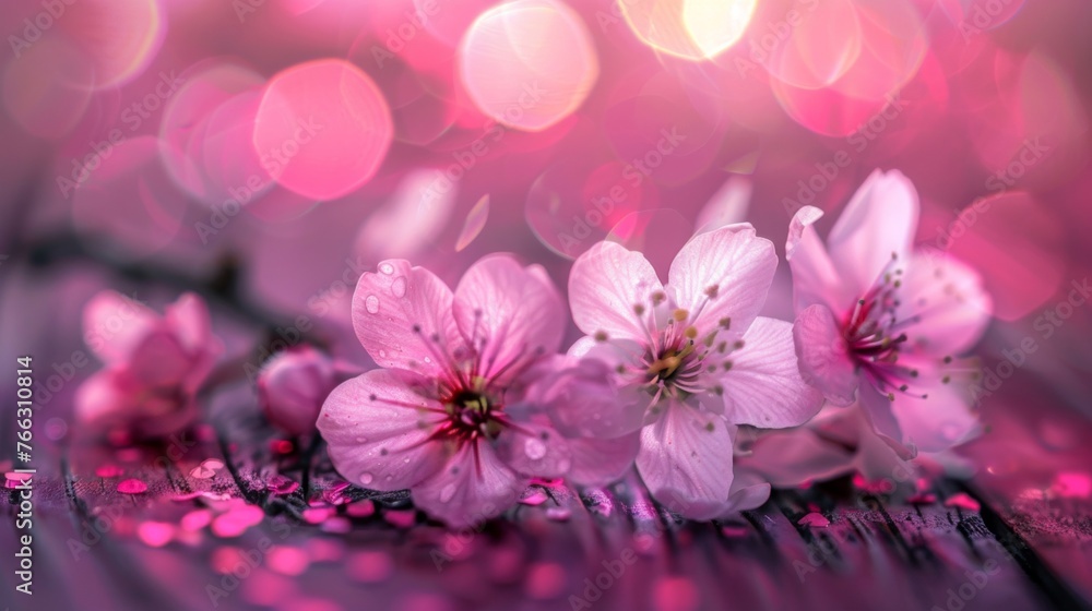 Cherry Blossoms with Water Droplets and Bokeh