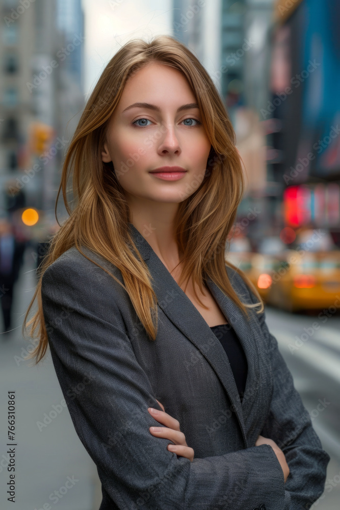 Confident young professional woman stands on a city street with blurred urban background, showcasing a poised and assertive demeanor. Confident young professional woman stands on a city street with blurred urban background, showcasing a poised and assertive demeanor.