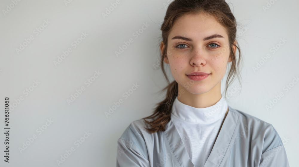 A portrait of a young woman with a subtle smile, wearing a white high-collar shirt against a plain background. A portrait of a young woman with a subtle smile, wearing a white high-collar shirt against a plain background.